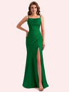 Elegant Jewel Side Slit Mermaid Soft Satin Long Matron of Honor Dress For Wedding