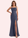 Elegant Jewel Side Slit Mermaid Soft Satin Long Matron of Honor Dress For Wedding