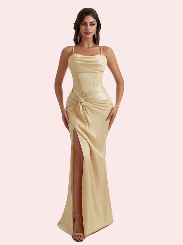 Elegant Mermaid Spaghetti Straps Side Slit Soft Satin Long Bridesmaid Dress for Wedding