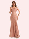 Elegant Jewel Side Slit Mermaid Soft Satin Long Matron of Honor Dress For Wedding