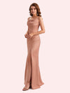 Elegant Jewel Side Slit Mermaid Soft Satin Long Matron of Honor Dress For Wedding