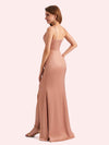 Elegant Jewel Side Slit Mermaid Soft Satin Long Matron of Honor Dress For Wedding