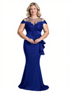 Elegant Mermaid Illusion Cap Sleeves Crepe Lace Long Mother of the Brides and Groom Dresses