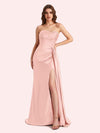 Simple Mermaid Strapless Beading Pleats Side Slit Soft Satin Long Matron of Honor Dress For Wedding