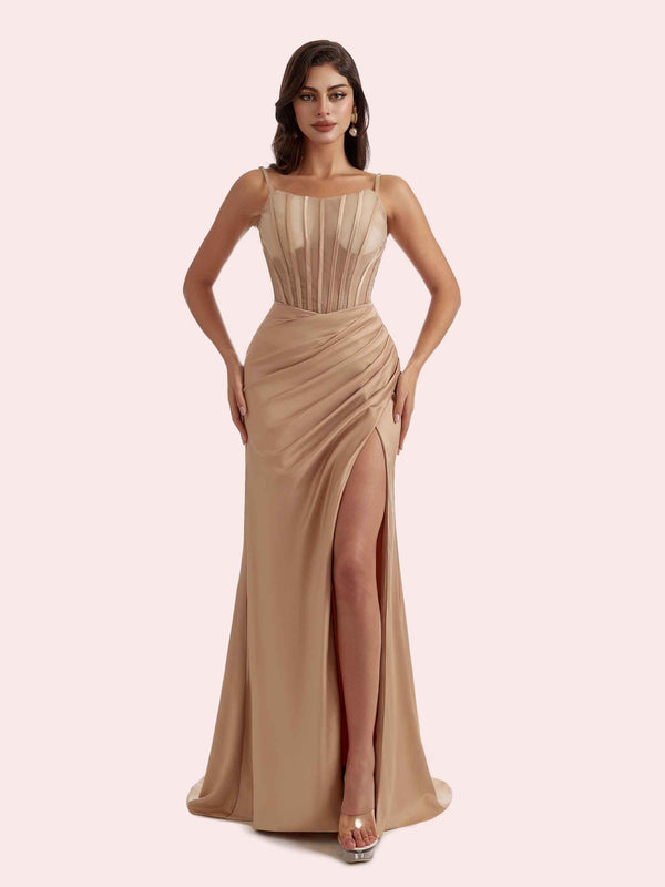 Elegant Mermaid Pleats Side Slit Spaghetti Strap Soft Satin Long Bridesmaid Dress For Wedding