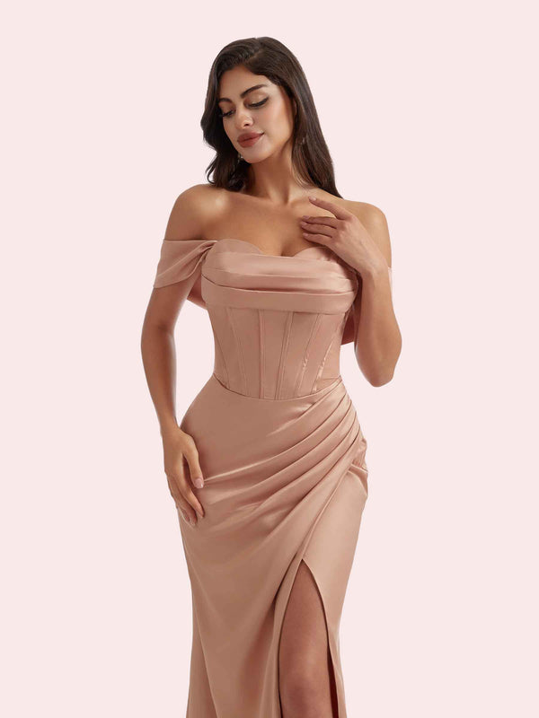 Elegant Mermaid Pleats Side Slit Sweetheart Off-the-Shoulder Strapless Soft Satin Long Bridesmaid Dress For Wedding