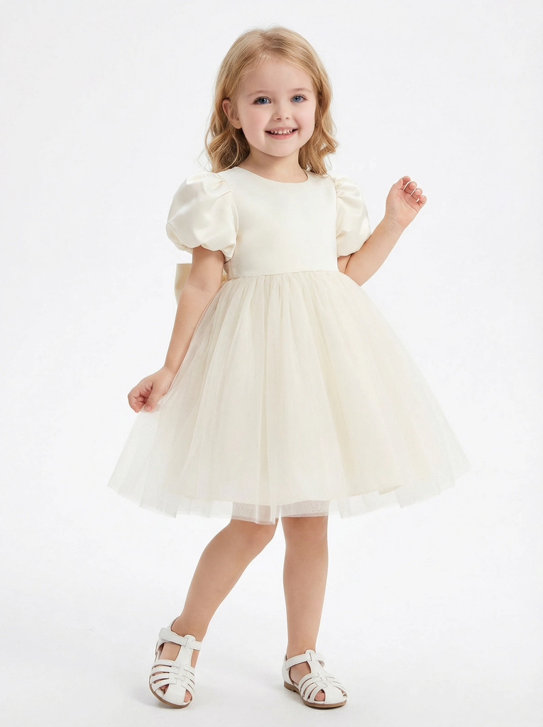 Puff Short Sleeves Jewel Satin Princess Dress Flower Girl Dress Birthday Party Dresses