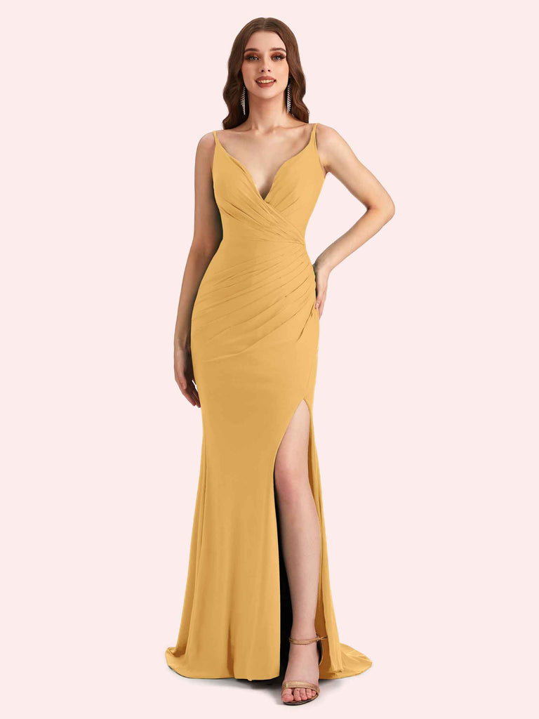 Sexy V-neck Sleeveless Side slit Stretch Jersey Long Mermaid Bridesmaid Dresses Online