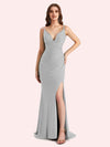 Sexy V-neck Sleeveless Side slit Stretch Jersey Long Mermaid Bridesmaid Dresses Online