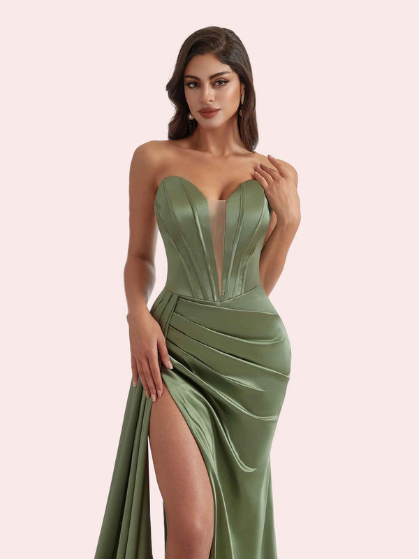 Elegant Mermaid Pleats Side Slit Sweetheart Strapless Soft Satin Long Bridesmaid Dress For Wedding