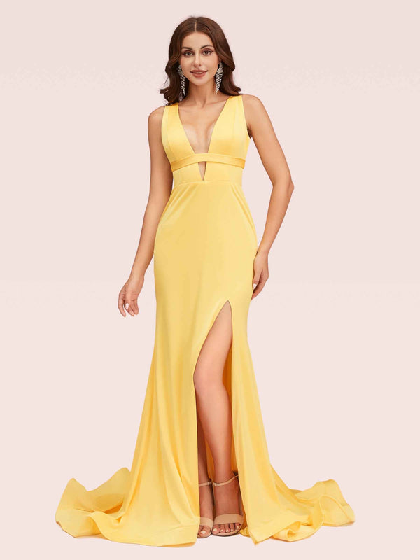 Sexy Backless V-neck Open Back Side Slit Stretchy Jersey Long Mermaid Bridesmaid Dresses For Sale