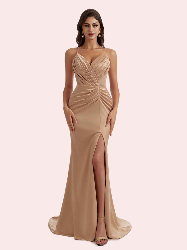 Elegant Mermaid Pleats Side Slit V-neck Spaghetti Strap Soft Satin Long Bridesmaid Dress For Wedding