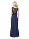 Elegant Jewel A-Line Ruched Chiffon Lace Long Mother Of The Bride Dresses