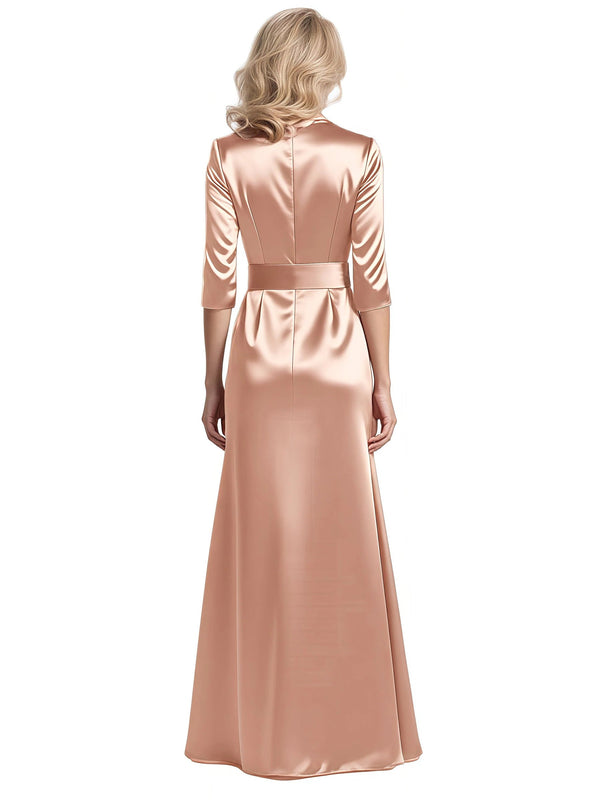 Elegant V-Neck Half Sleeves Satin Side Slit Mermaid Long Mother of The Bride Formal Dresses