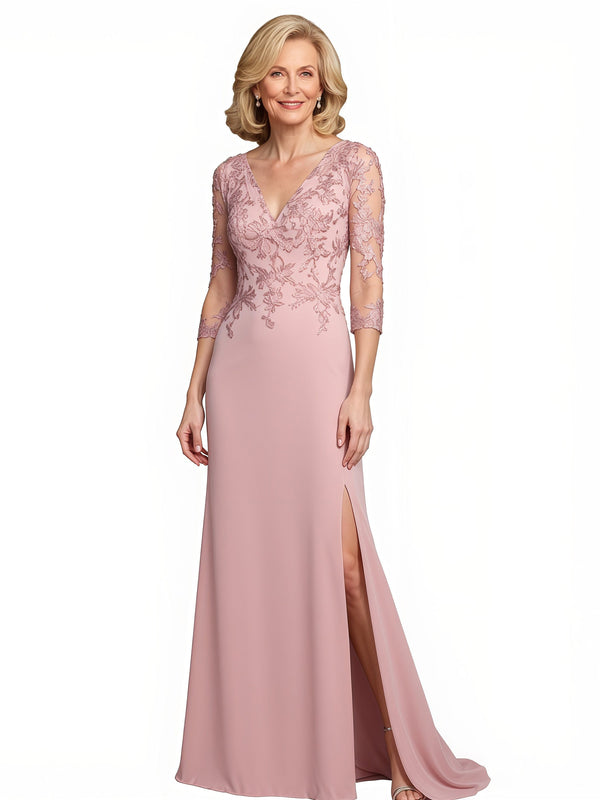 Modern V-Neck 3/4 Sleeves Chiffon Lace Mermaid Maxi Mother Of The Bride and Groom Dresses