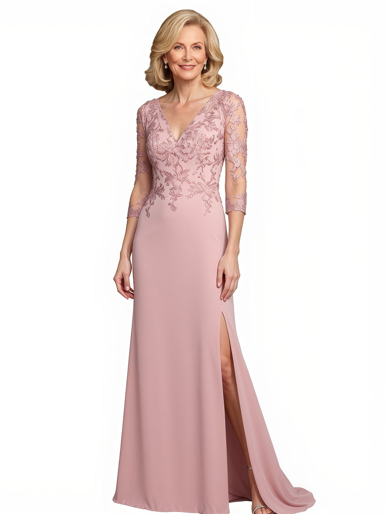 Modern V-Neck 3/4 Sleeves Chiffon Lace Mermaid Maxi Mother Of The Bride and Groom Dresses