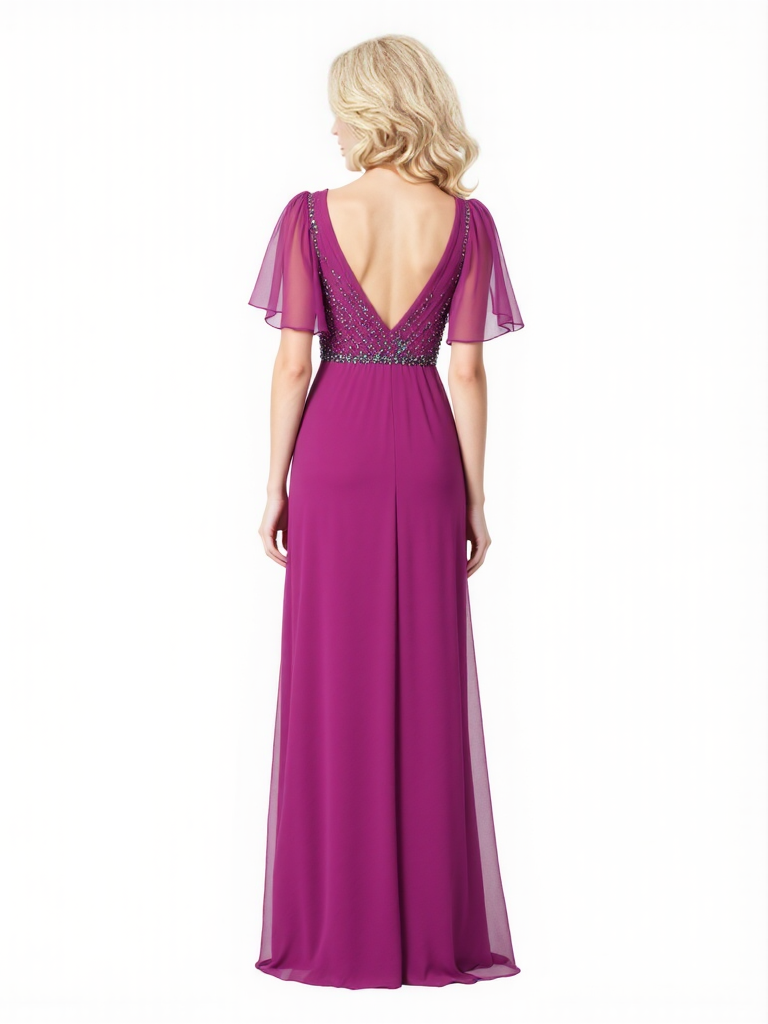 Elegant A-Line Chiffon Beaded Fultter Sleeves Long Mother Of The Bride Dresses Side Slit
