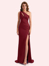 Elegant One Shoulder Side Slit Mermaid Soft Satin Long Matron of Honor Dress For Wedding