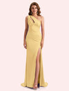 Elegant One Shoulder Side Slit Mermaid Soft Satin Long Matron of Honor Dress For Wedding