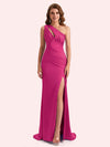 Elegant One Shoulder Side Slit Mermaid Soft Satin Long Matron of Honor Dress For Wedding