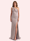 Elegant One Shoulder Side Slit Mermaid Soft Satin Long Matron of Honor Dress For Wedding