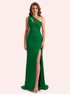 Elegant One Shoulder Side Slit Mermaid Soft Satin Long Matron of Honor Dress For Wedding