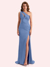 Elegant One Shoulder Side Slit Mermaid Soft Satin Long Matron of Honor Dress For Wedding