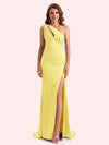 Elegant One Shoulder Side Slit Mermaid Soft Satin Long Matron of Honor Dress For Wedding