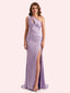 Elegant One Shoulder Side Slit Mermaid Soft Satin Long Matron of Honor Dress For Wedding
