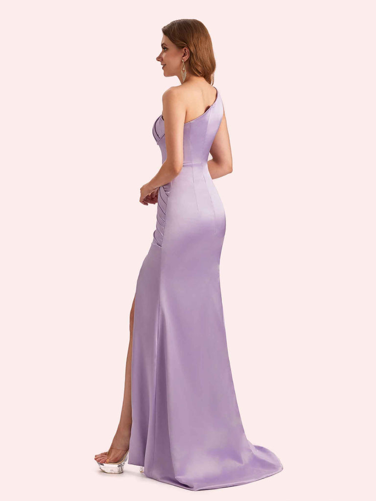 Elegant One Shoulder Side Slit Mermaid Soft Satin Long Matron of Honor Dress For Wedding