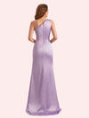 Elegant One Shoulder Side Slit Mermaid Soft Satin Long Matron of Honor Dress For Wedding