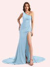 Sexy Side Slit One Shoulder Stretch Jersey Long Mermaid Bridesmaid Dresses