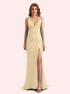 Sexy Spaghetti Straps Side Slit Mermaid Soft Satin Long Matron of Honor Dress For Wedding