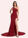 Sexy Side Slit One Shoulder Stretch Jersey Long Mermaid Bridesmaid Dresses