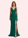 Sexy Spaghetti Straps Side Slit Mermaid Soft Satin Long Matron of Honor Dress For Wedding