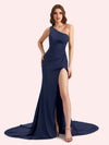 Sexy Side Slit One Shoulder Stretch Jersey Long Mermaid Bridesmaid Dresses