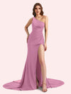 Sexy Side Slit One Shoulder Stretch Jersey Long Mermaid Bridesmaid Dresses