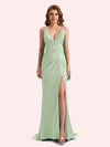 Sexy Spaghetti Straps Side Slit Mermaid Soft Satin Long Matron of Honor Dress For Wedding