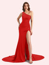 Sexy Side Slit One Shoulder Stretch Jersey Long Mermaid Bridesmaid Dresses