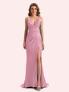 Sexy Spaghetti Straps Side Slit Mermaid Soft Satin Long Matron of Honor Dress For Wedding