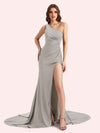 Sexy Side Slit One Shoulder Stretch Jersey Long Mermaid Bridesmaid Dresses