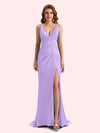 Sexy Spaghetti Straps Side Slit Mermaid Soft Satin Long Matron of Honor Dress For Wedding