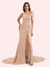 Sexy Side Slit One Shoulder Stretch Jersey Long Mermaid Bridesmaid Dresses