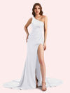 Sexy Side Slit One Shoulder Stretch Jersey Long Mermaid Bridesmaid Dresses