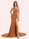 Sexy Side Slit One Shoulder Stretch Jersey Long Mermaid Bridesmaid Dresses