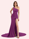 Sexy Side Slit One Shoulder Stretch Jersey Long Mermaid Bridesmaid Dresses