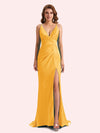 Sexy Spaghetti Straps Side Slit Mermaid Soft Satin Long Matron of Honor Dress For Wedding