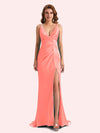 Sexy Spaghetti Straps Side Slit Mermaid Soft Satin Long Matron of Honor Dress For Wedding