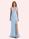 Sexy Spaghetti Straps Side Slit Mermaid Soft Satin Long Matron of Honor Dress For Wedding