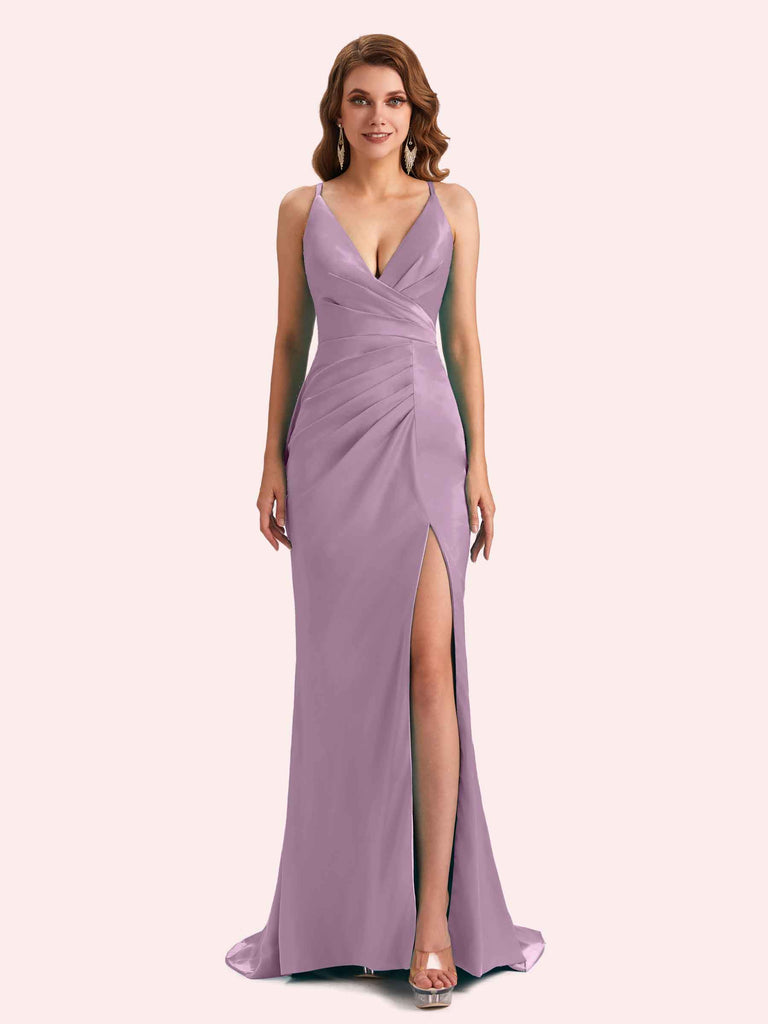 Sexy Spaghetti Straps Side Slit Mermaid Soft Satin Long Matron of Honor Dress For Wedding